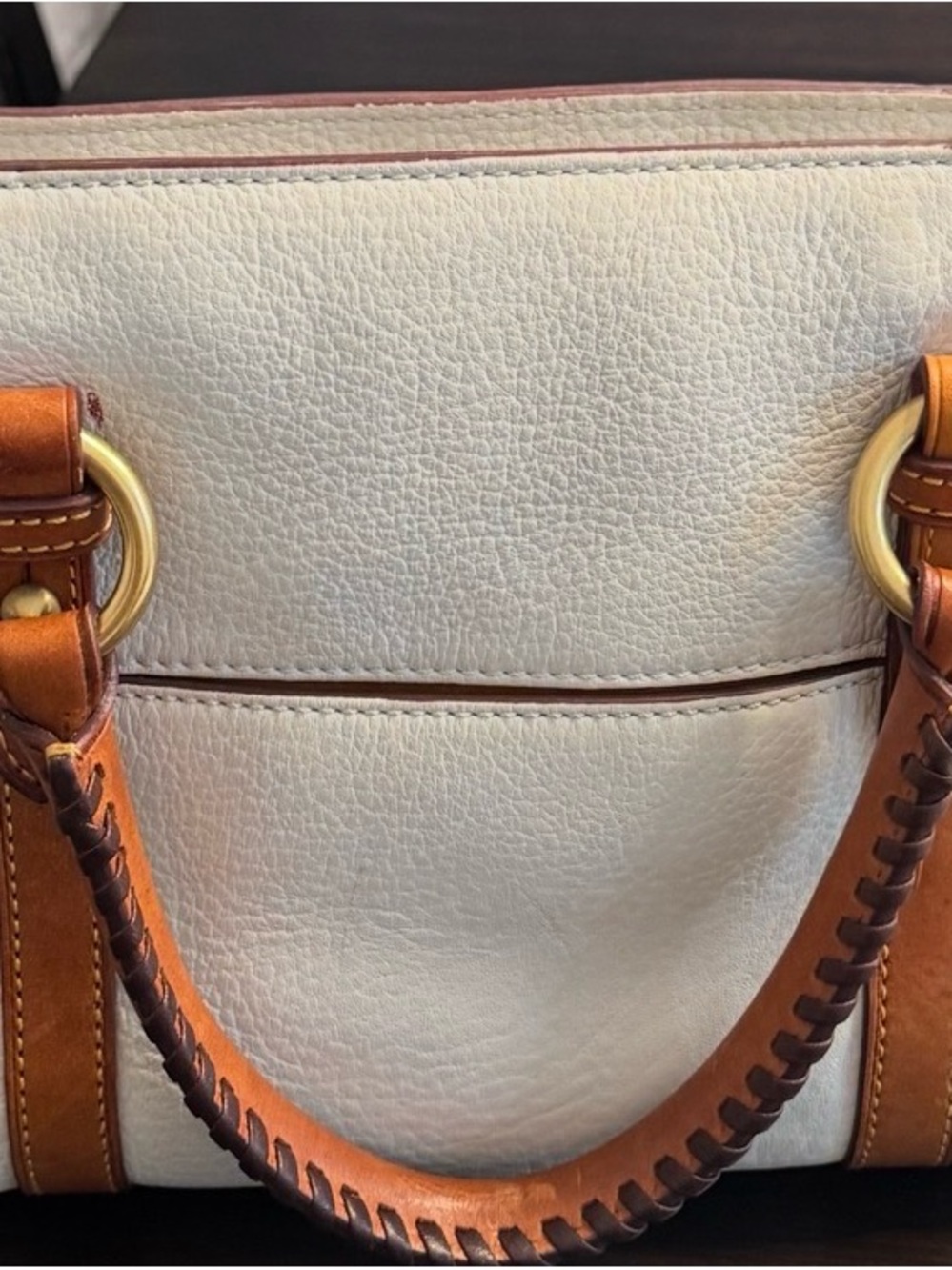 Dooney & Bourke Cream Leather Satchel with Brown Trim and Brass Hardware - Picture 3 of 12